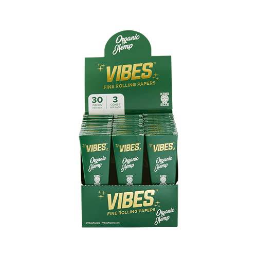 Vibes Organic Hemp Cigarette Rolling Paper - Classic Ultra Thin 1.25 Inch, Pre Rolled Rice Paper - Chlorine Free Technology 3 Pack 9 - Slow Burning Cones with Tips and Packing Sticks - OPS.com